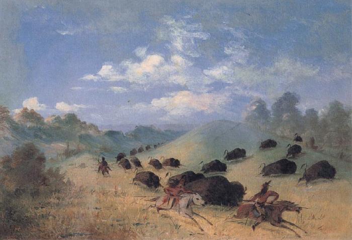 George Catlin Comanche Indians Chasing Buffalo with Lances and Bows Norge oil painting art
